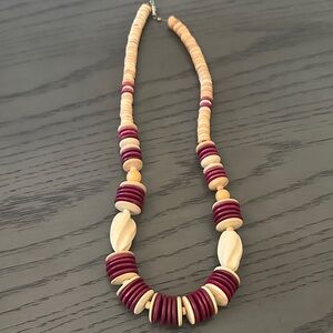 Vintage Wooden Discs Beaded Necklace - Burgundy and Natural Wood